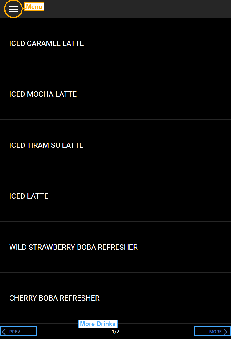 Product Select Screen - annotated